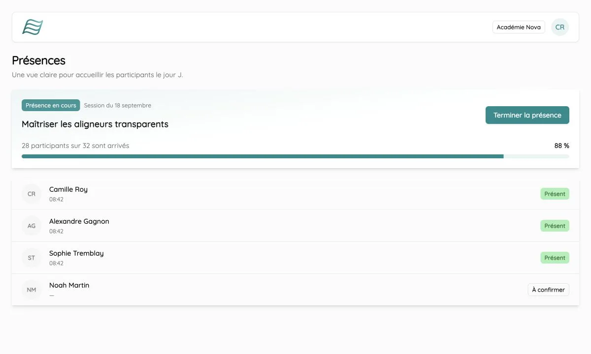 Suivi fictif des présences le jour d’une formation dentaire