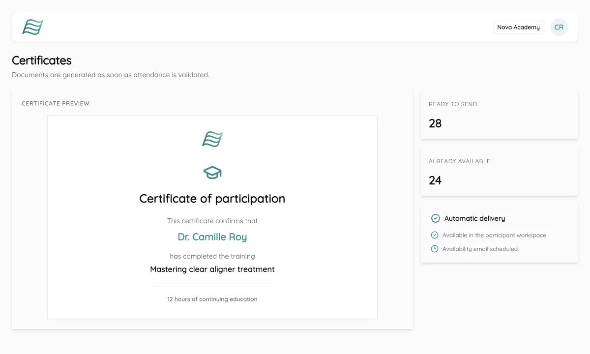 Fictional participation certificate generated in Dentoflow