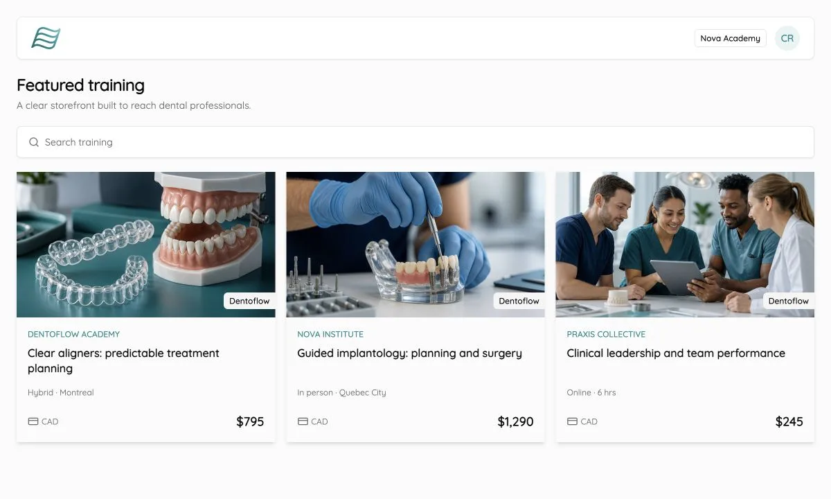 Fictional dental training marketplace in Dentoflow
