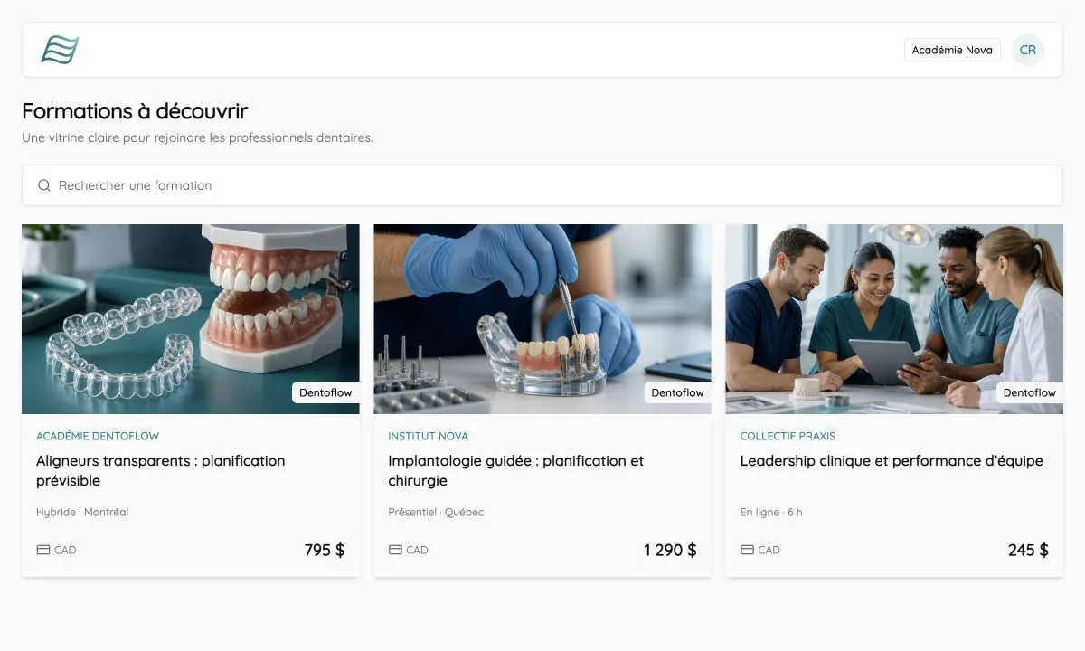 Marketplace fictive de formations dentaires dans Dentoflow