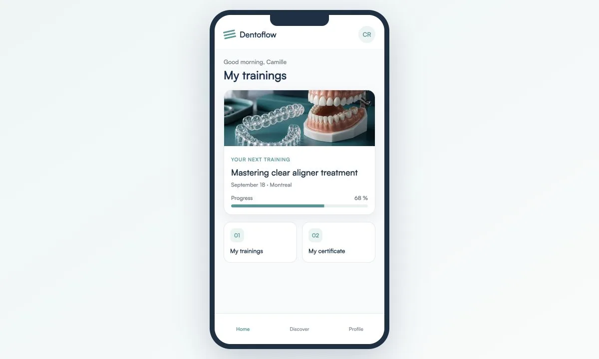 Dentoflow mobile app with fictional training and certificate information
