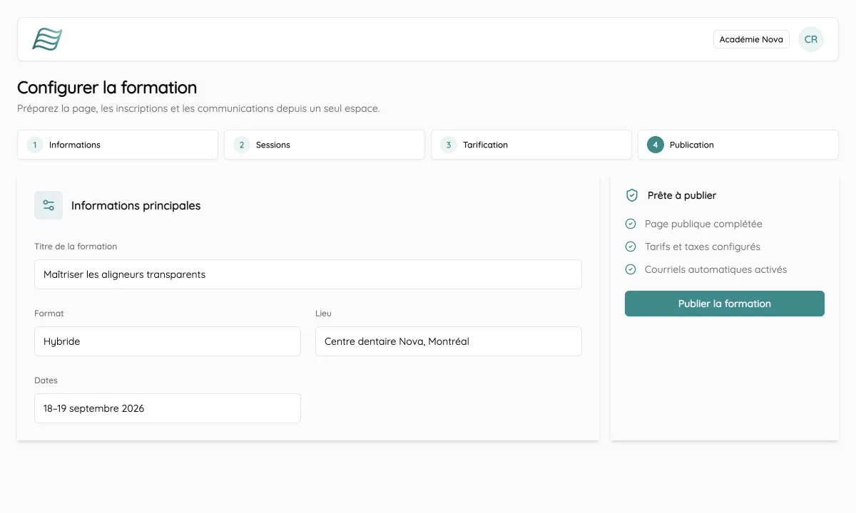 Configuration fictive d’une formation dans Dentoflow